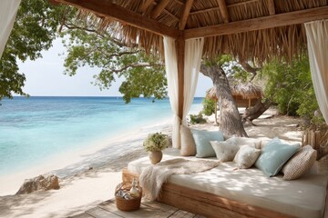 Obraz premium Luxury cabana bed with cushions on tropical sandy beach overlooking turquoise sea and lush trees under thatched roof
