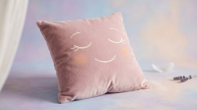 Cute Pink Decorative Pillow with Smiling Face Decorative Pillow Pink Pillow Smiling Face Soft Cushion Home Decor Cozy Interior Design. Concept featuring decorative pillow, pink pillow, smiling face...