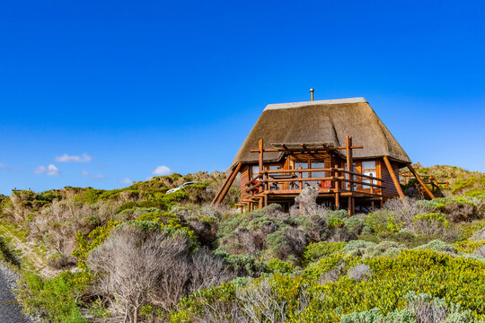 View of wooden vacation beach houses, with thatch roofs