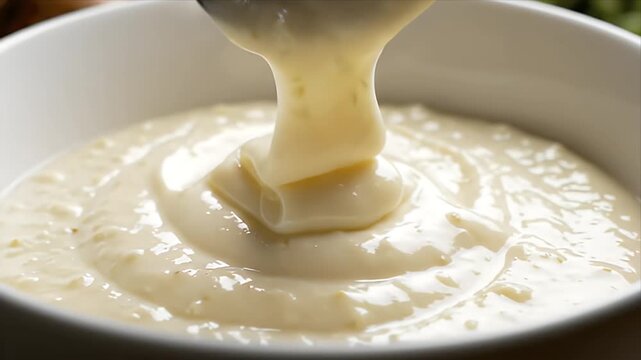 Close Up Of A Spoon Scooping Creamy White Sauce From A Bowl