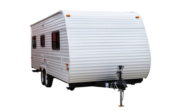 White travel trailer with corrugated siding, isolated on transparent background