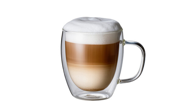 Layered latte macchiato coffee with foamy milk in a double-walled glass mug, isolated on transparent background