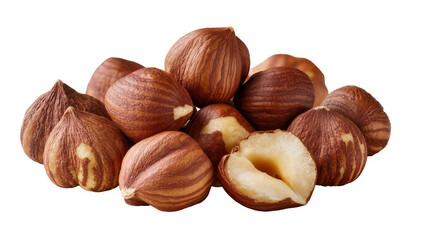 Fototapeta premium Pile of whole and halved hazelnuts with textured brown shells, isolated on transparent background