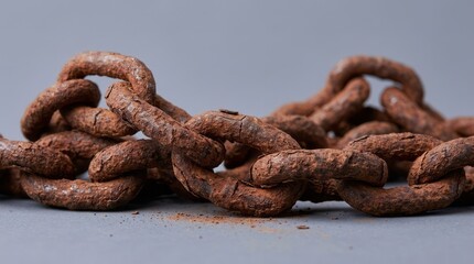 Fototapeta premium Rusty Metal Chain on Gray Background Rusty Chain Metal Chain Rust Industrial Texture Weathered Close-Up. Concept featuring rusty chain, metal chain, rust, industrial, texture for professional comme...