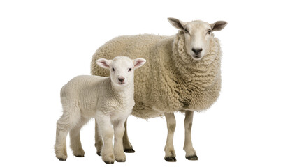 Fototapeta premium Fluffy white lamb standing next to mother sheep, isolated on transparent background
