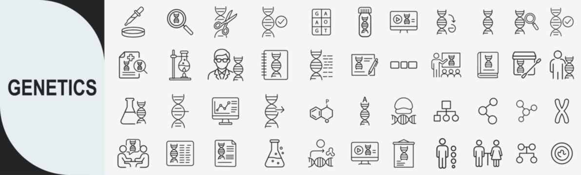 Genetics and DNA Research Line Icon Set for Biotechnology