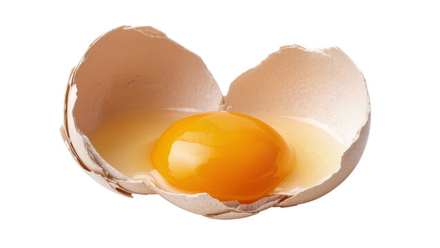Cracked brown eggshell with bright yellow yolk and clear albumen, isolated on transparent background