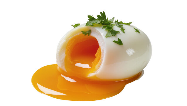Soft boiled egg with runny yolk and parsley garnish, isolated on transparent background