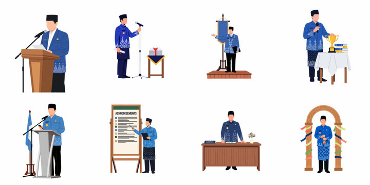 Vector illustration set of Indonesian civil servants in KORPRI batik uniforms engaged in official duties like public speaking, presenting, and administrative tasks.