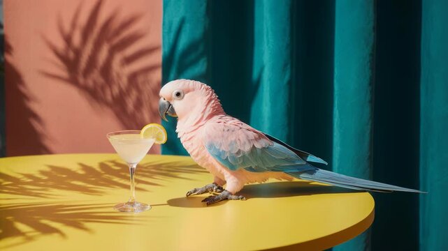 A pink‑blue parrot perches on yellow table beside cocktail glass, tropical modern elegance.