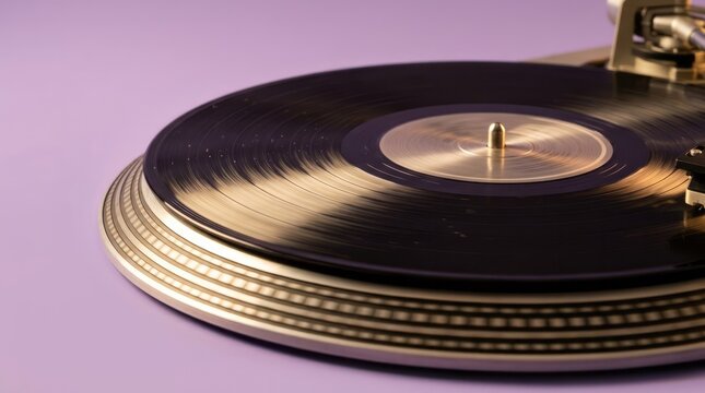 Close-up of Vinyl Record on Turntable Vinyl Record Turntable Music Retro Analog Record Player Spinning. Concept featuring vinyl record, turntable, music, retro, analog for professional commercial d...