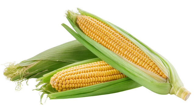Fresh yellow corn cobs with green husks, isolated on transparent background
