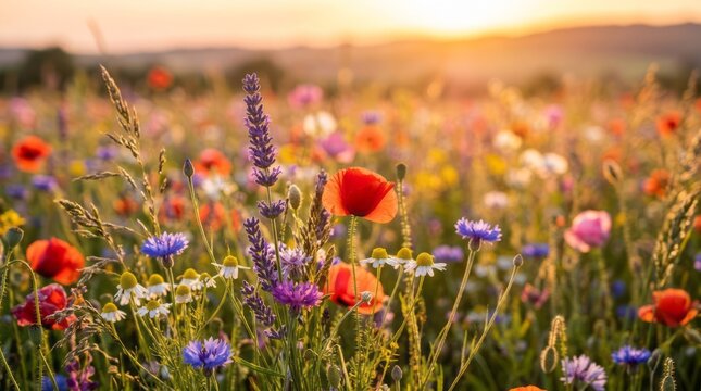 Vibrant Wildflower Field at Sunset Wildflowers Sunset Poppies Lavender Nature Field Colorful. Concept featuring wildflowers, sunset, poppies, lavender, nature for professional commercial design.