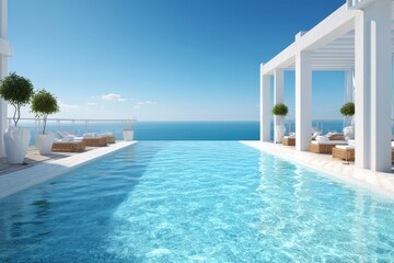 Fototapeta premium Luxury infinity pool with lounge chairs and white pergola overlooking calm blue ocean under clear summer sky