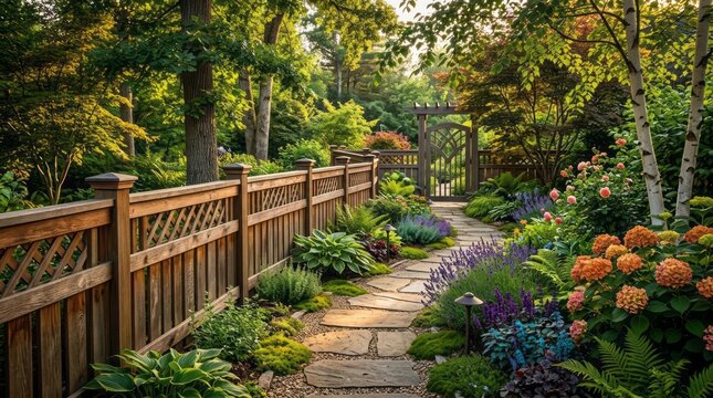 Beautiful Garden Pathway with Wooden Fence Garden Pathway Wooden Fence Flowers Landscape Outdoor Nature. Concept featuring garden, pathway, wooden fence, flowers, landscape for professional commerc...