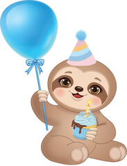 Obraz premium Sloth With Birthday Cupcake and Balloon Kids Nursery Design