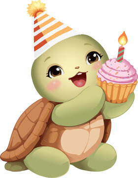 Cute Turtle Holding a Birthday Cupcake Kids Nursery Design