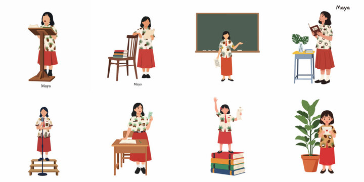 Flat illustration set of a young girl student character in various school poses, including reading, presenting, singing, and studying for educational themes.