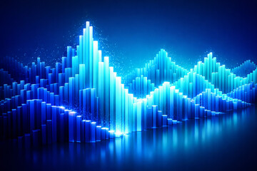 Fototapeta premium A futuristic 3D graph with glowing blue bars rising and falling in a dark background