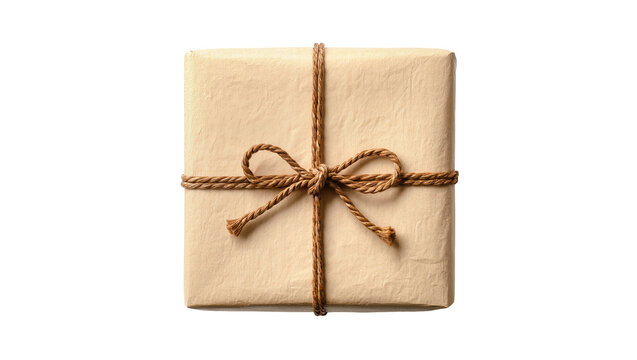 Square gift box wrapped in brown paper tied with twine, isolated on transparent background