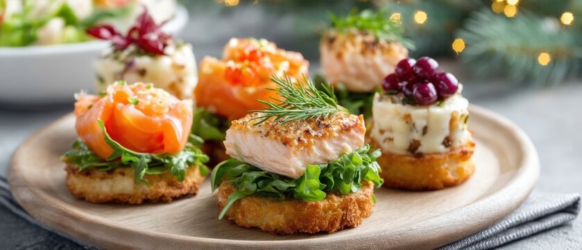 Gourmet salmon and cream cheese canapes on toasted bread served on a wooden platter with festive holiday lights in the background