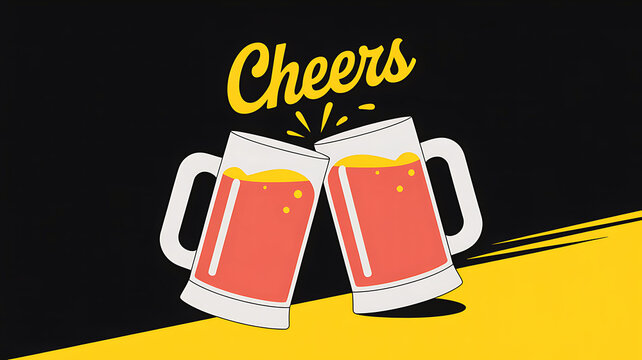 Cheers Toast: Two mugs of refreshing ale clink together, sparkling with celebration against a striking backdrop of black and yellow, a perfect visual toast to joy and camaraderie.