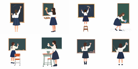Collection of vector illustrations depicting a schoolgirl in uniform cleaning and erasing chalkboards in a classroom setting. © Nadya
