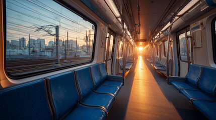 Naklejka premium Empty subway train interior at sunrise with sunlight through windows and urban public transport concept
