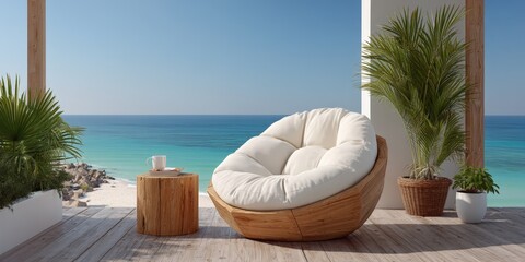 Obraz premium Cozy round lounge chair on wooden terrace with tropical plants overlooking calm turquoise ocean and clear blue sky