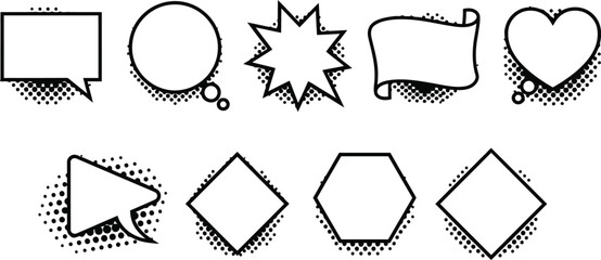 A collection of blank comic style speech bubbles and geometric shapes with halftone shadows © designNex