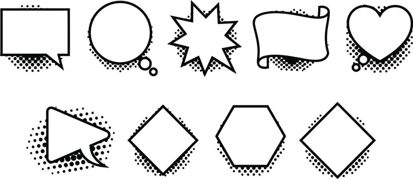 A collection of blank comic style speech bubbles and geometric shapes with halftone shadows