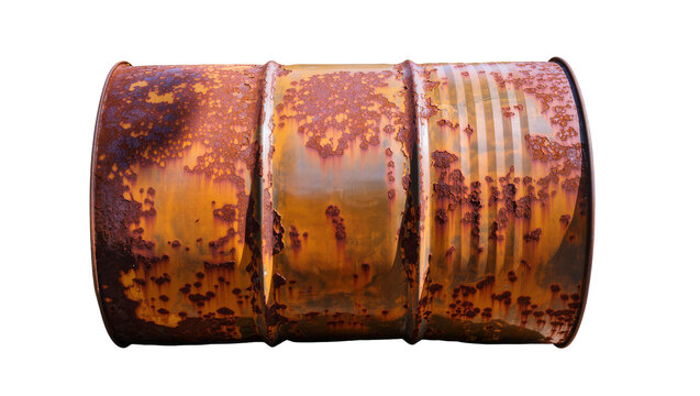 Heavily rusted metal barrel with textured surface, isolated on transparent background