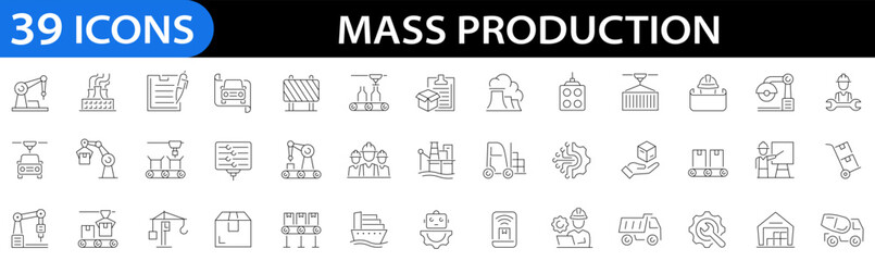Naklejka na ściany i meble Mass production icon set. Robot, productive, workflow, industrial, automation, industrials, manipulator, painting, warehouse and more. Line icon style. Editable stroke. Vector illustration