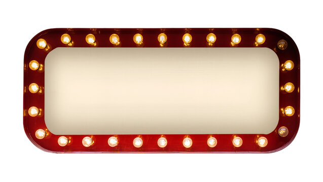 Rectangular marquee sign with illuminated bulbs, isolated on transparent background
