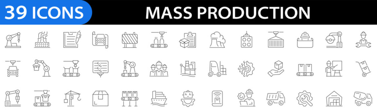 Mass production icon set. Robot, productive, workflow, industrial, automation, industrials, manipulator, painting, warehouse and more. Line icon style. Editable stroke. Vector illustration