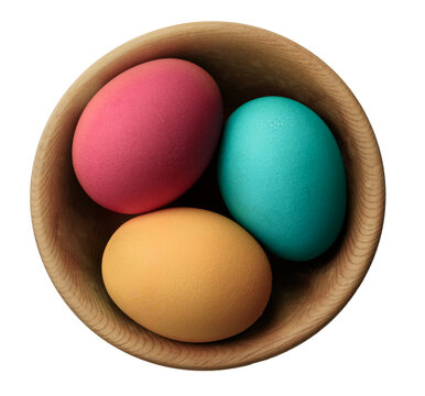 Easter eggs in wooden bowl isolated on white top view