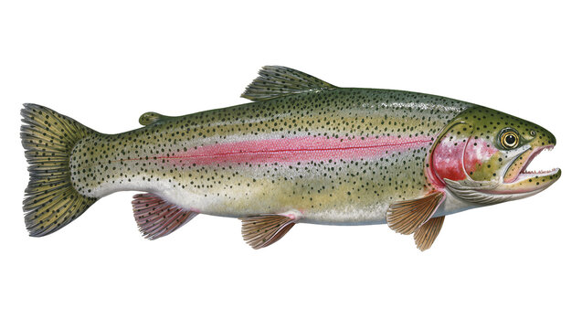 Rainbow trout fish with pink stripe and black spots, isolated on transparent background