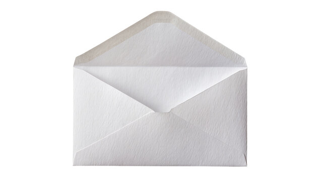 Open white paper envelope with textured surface, isolated on transparent background