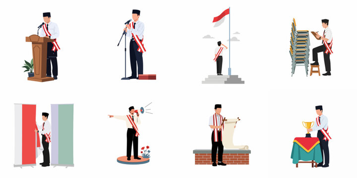 Set of Indonesian Male Character Illustrations for Independence Day Event Including Public Speaking, Flag Ceremony, and Awarding Trophy