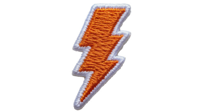 Orange embroidered lightning bolt patch with white border, isolated on transparent background
