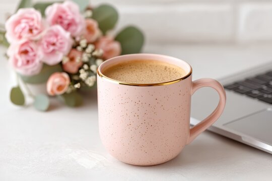 Pink coffee mug on a white desk beside a laptop with soft pink flowers in the background.
