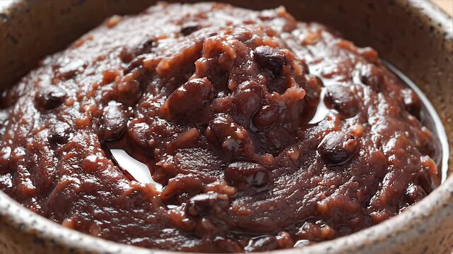 Close-Up of Anko in Beige Bowl Traditional Japanese Red Bean Paste Shiny Texture Smooth Filling Confectionery