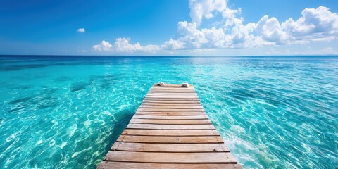 Fototapeta premium Wooden pier leading into clear turquoise tropical sea under bright blue sky with white clouds