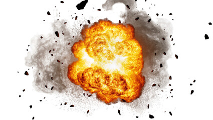 Fiery orange explosion with dark debris and smoke, isolated on transparent background © Miguel