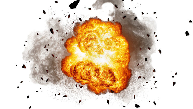 Fiery orange explosion with dark debris and smoke, isolated on transparent background