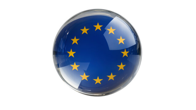 Glossy EU flag sphere with yellow stars, isolated on transparent background