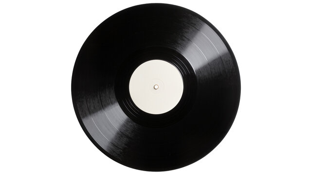 Black vinyl record with white label, isolated on transparent background