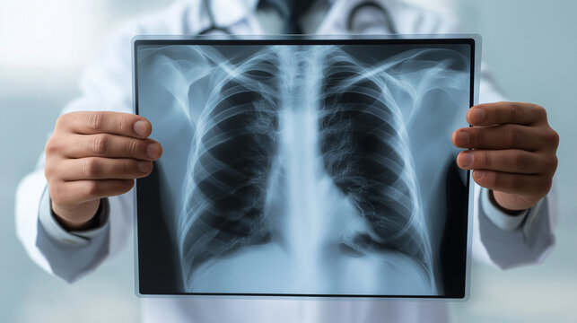 Doctor holding a chest x-ray image of lungs in white coat hands against a clean light background for medical diagnosis concept
