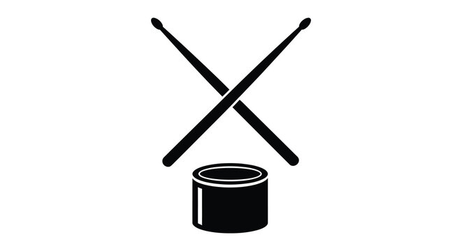 A striking black depiction shows crossed drumsticks above a cylindrical drum creating a minimalist silhouette high quality professional
