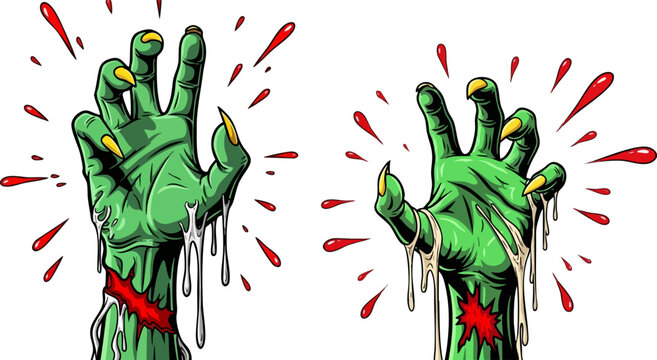 Zombie hands reaching up in comic book style, green monster hands with sharp yellow claws and blood splatters, undead creature limbs vector